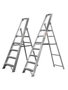 Two silver aluminium step ladders in different heights on white background.